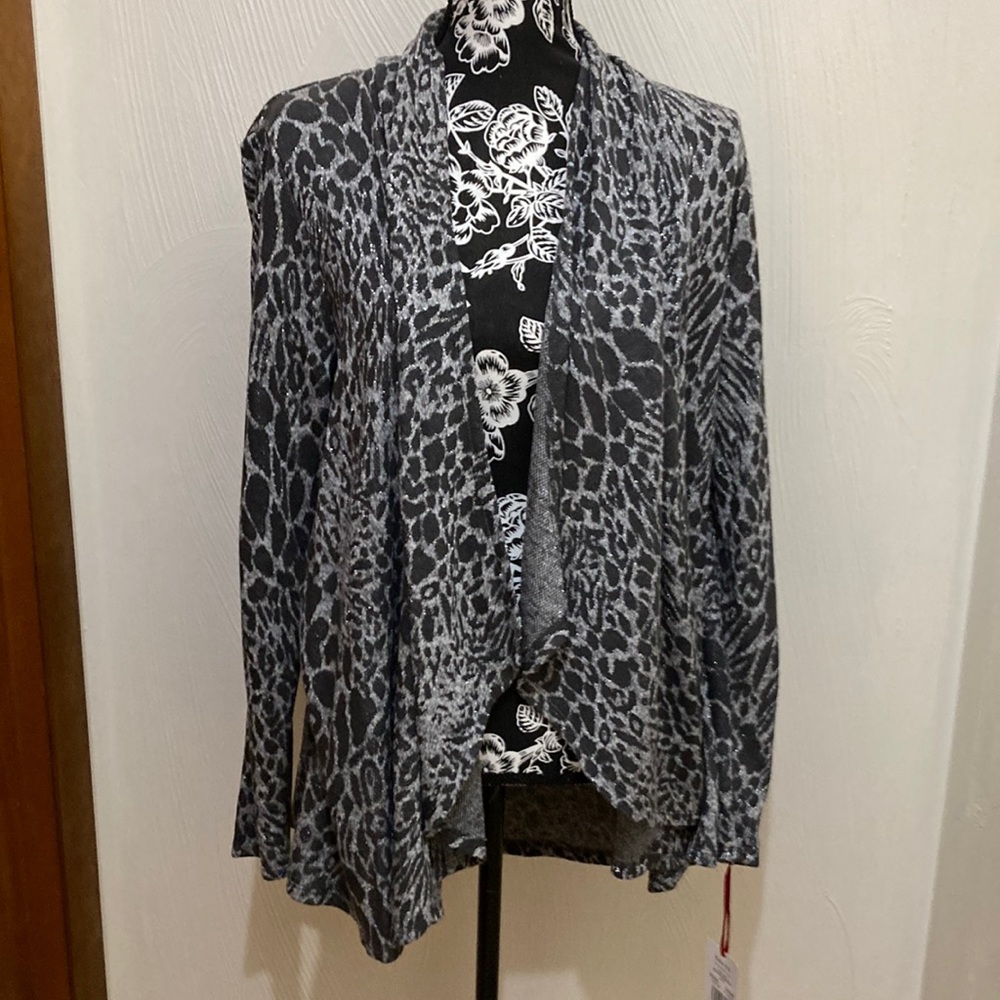 NEW Ruby Rd lightweight Gray and silver animal print drape cardigan sweater Med